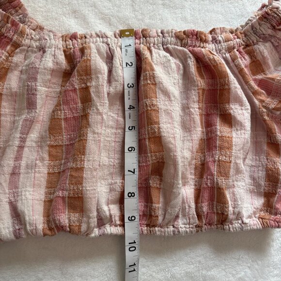 Aerie Pink & Orange Plaid Off-Shoulder Crop Top Elastic Hem & Sleeves Womens S - Picture 9 of 10